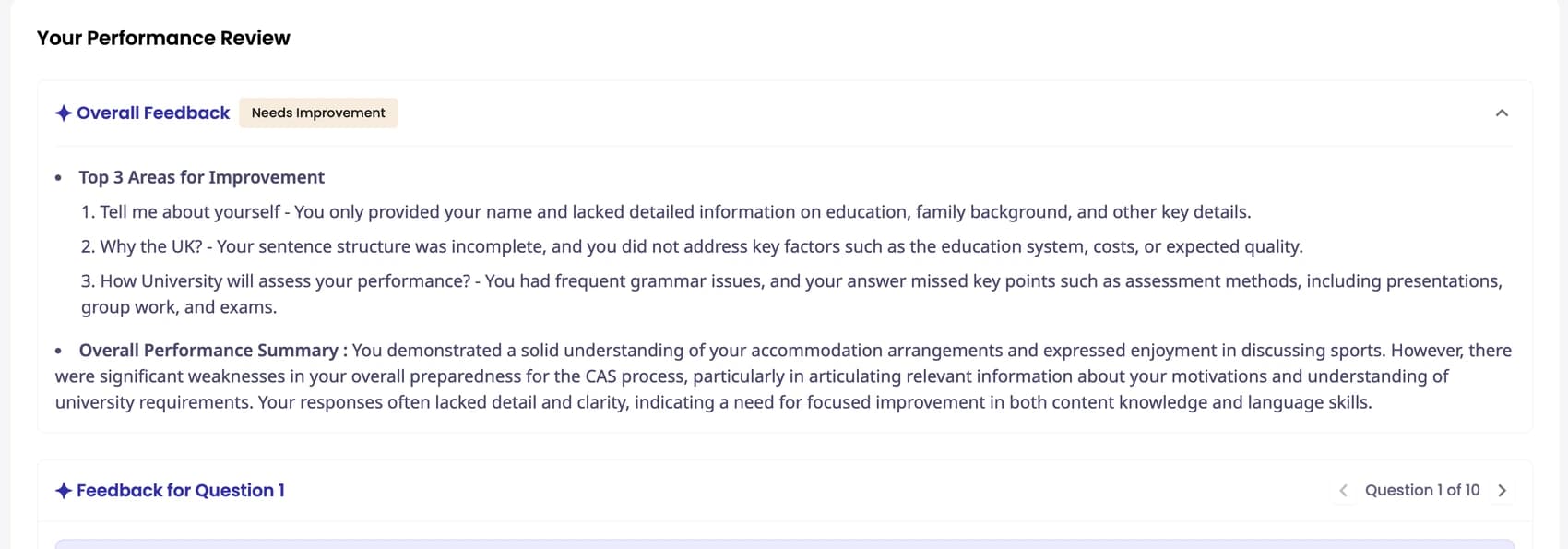 The performance review: overall feedback, the top three areas to improve, a session summary, and per-question feedback navigation
