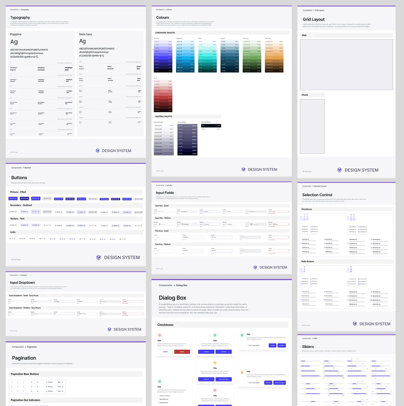 Design system foundation sheets: typography, colour palettes, grid layout, and component sheets for buttons, inputs, dropdowns, selection controls, dialogs, pagination and sliders