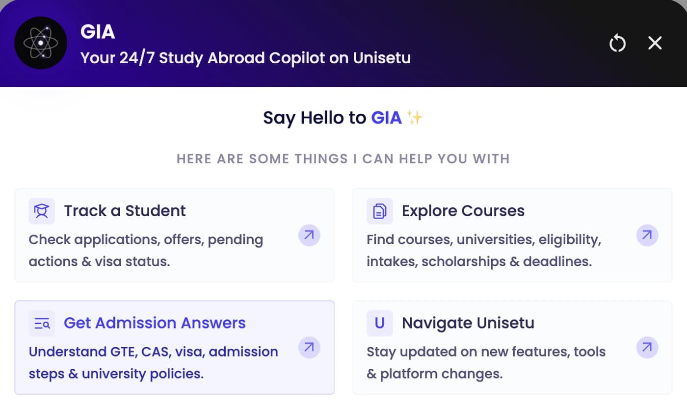 GIA’s opening screen listing what it can do: track a student, explore courses, get admission answers, and navigate the platform
